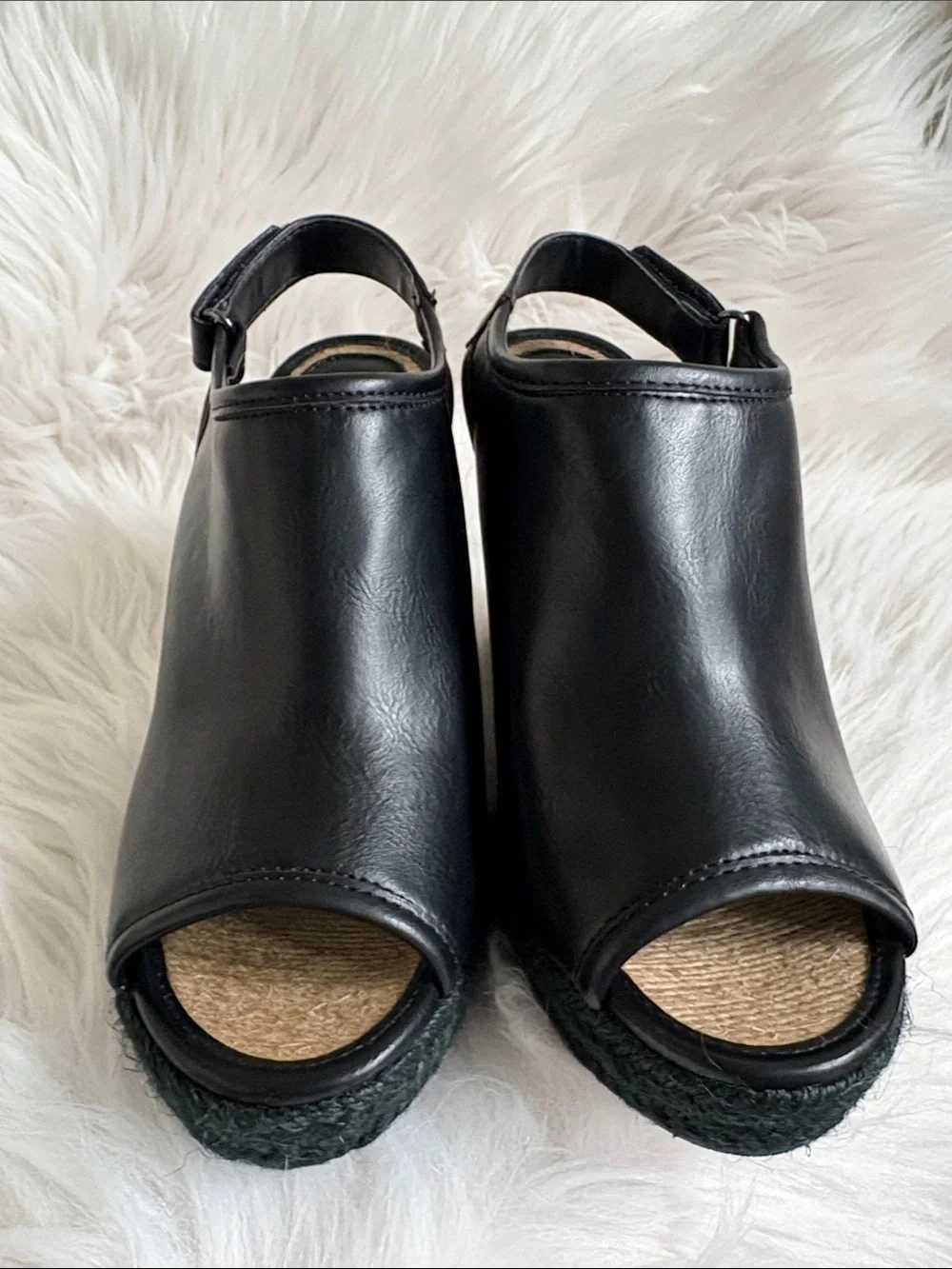 Ruff Hewn Black Open-Toe Wedge Slingbacks